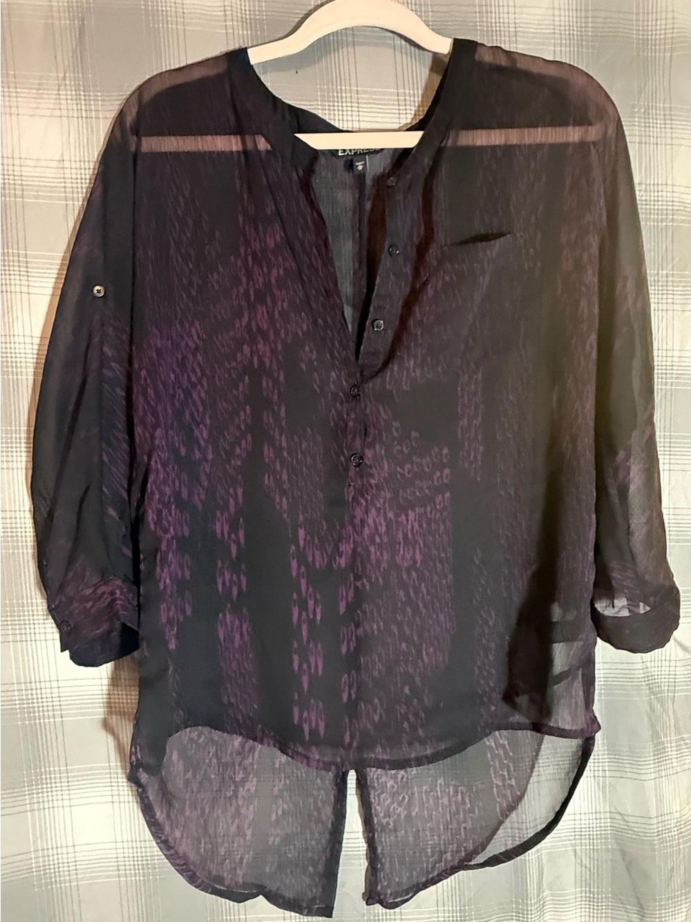 Express Black Sheer Button-Down Shirt with Purple Accents